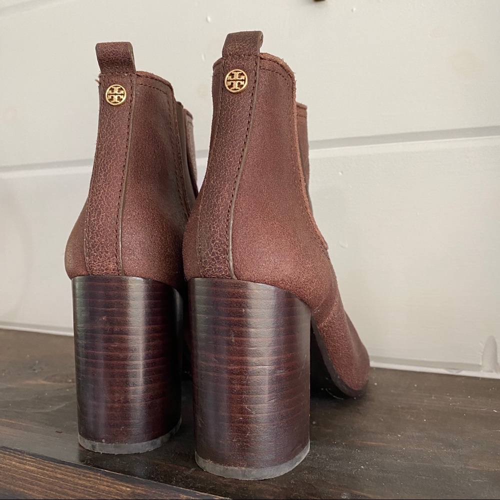 Tory Burch leather sueded brown stacked heel ankle boots booties  size 8M - Picture 4 of 8